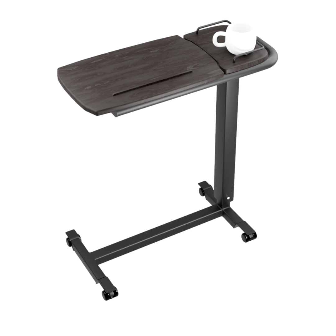 The iCare Medical Over Bed Tilting Table features a dark wood split tabletop, height-adjustable design, metal frame base with wheels for easy mobility, and is perfect for multi-purpose surface use.